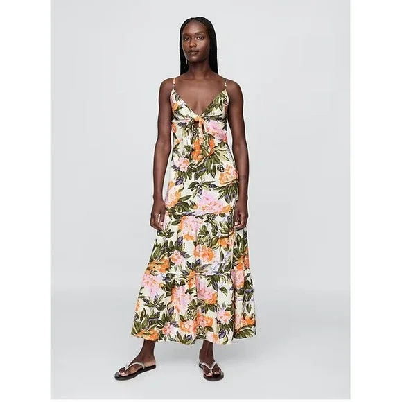 GAP Women's Size Large Tie Front Tiered Maxi Dress Floral Print MSRP $128 NWT - Picture 1 of 4